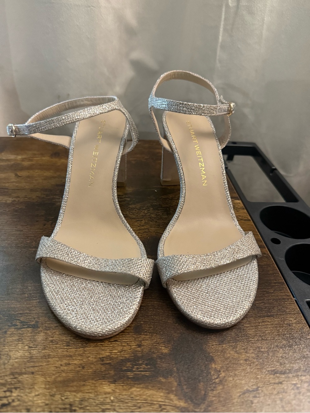Stuart Weitzman Ankle-Strap High Heel Sandals in Metallic Champagne 8.5